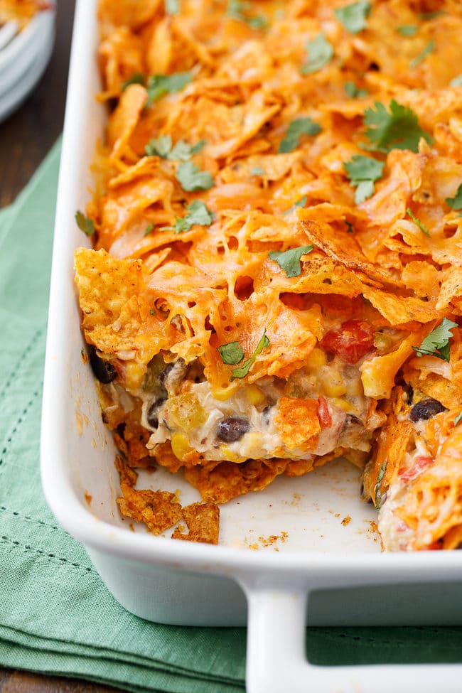 This tasty Doritos chicken casserole recipe is a delicious dinner time crowd-pleaser! 